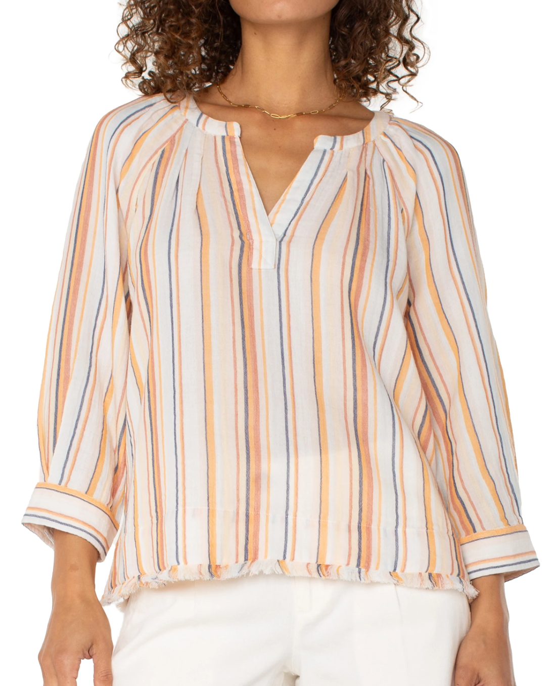 Liverpool 3/4 Sleeve Raglan Top with Fray Hem