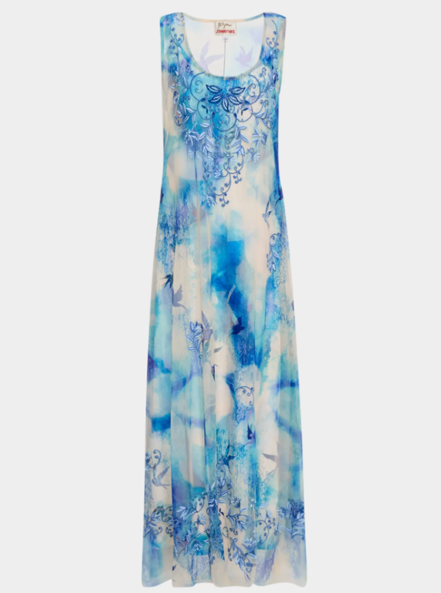 Johnny Was Makani Floral-Embroidered Mesh Midi Dress