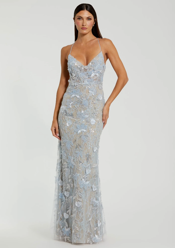 Mac Duggal Blue Embroidered Sleeveless Open Back Column Gown
