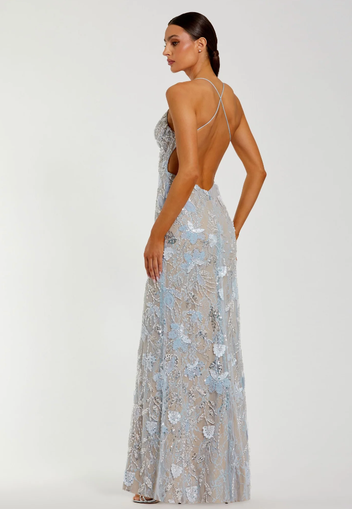 Mac Duggal Blue Embroidered Sleeveless Open Back Column Gown