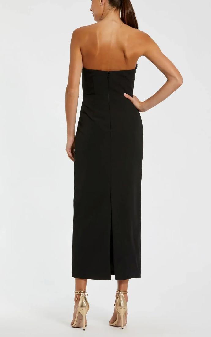 Ieena for Mac Duggal Black Strapless Crepe Dress With 3D Satin Flower