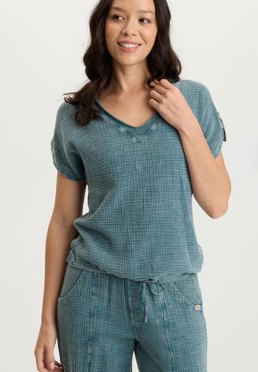 XCVI Bower Gauze/Jersey Tabbed-Sleeve Bubble-Hem V-Neck Tee
