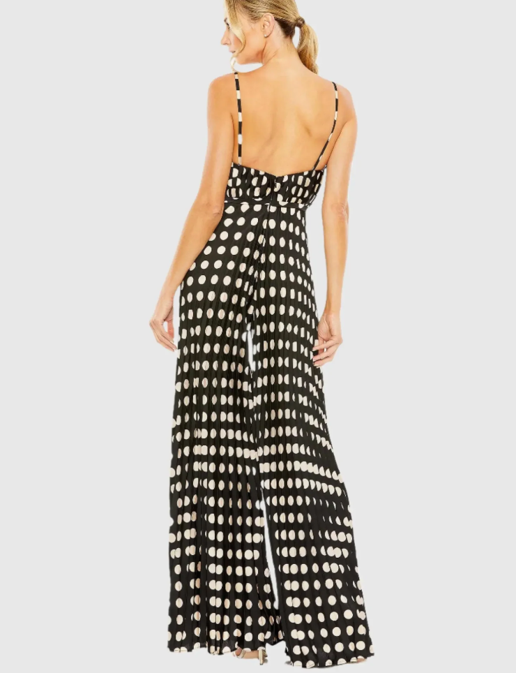 Mac Duggal Black Pleated Charmeuse Polka Dot V-Neck Jumpsuit