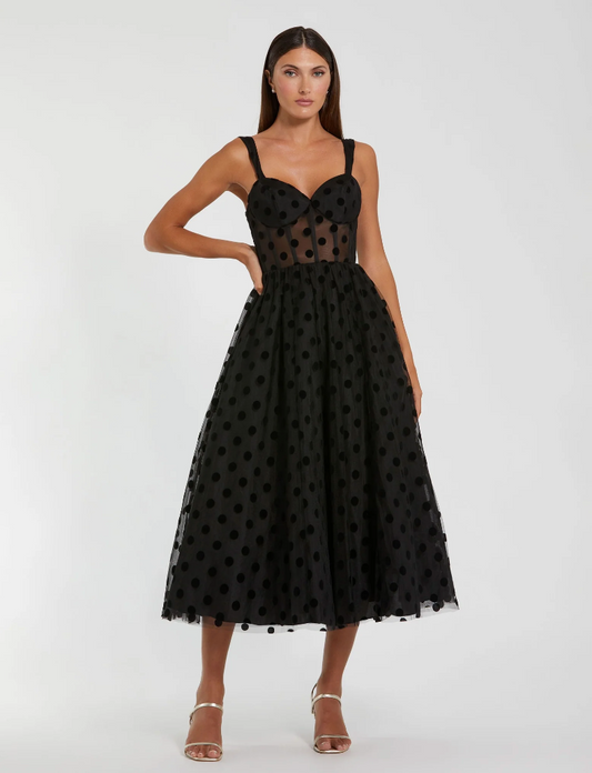 Mac Duggal Ieena for Mac Duggal  Black Polka Dot Net Bustier A-Line Midi Dress