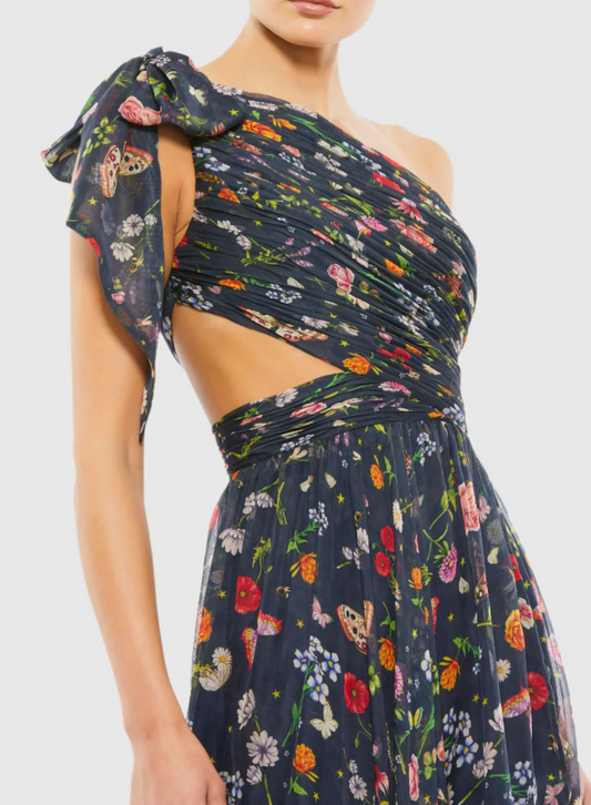 Mac Duggal Ieena for Mac Duggal  Navy Tied One Shoulder Cut-Out Flowy Gown