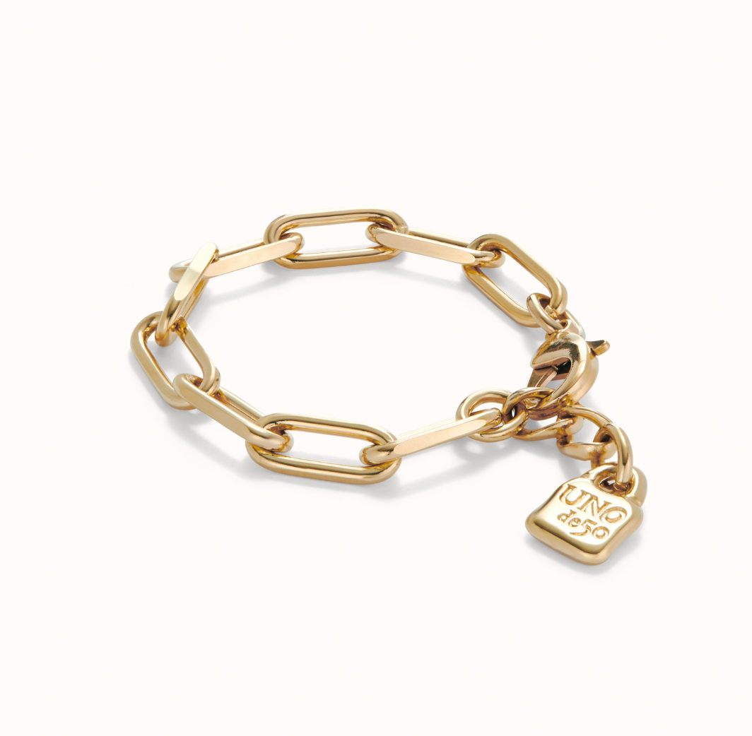 UNO DE 50 Ser Valiente Gold Paper clip link bracelet with padlock