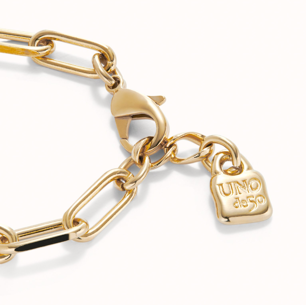 UNO DE 50 Ser Valiente Gold Paper clip link bracelet with padlock