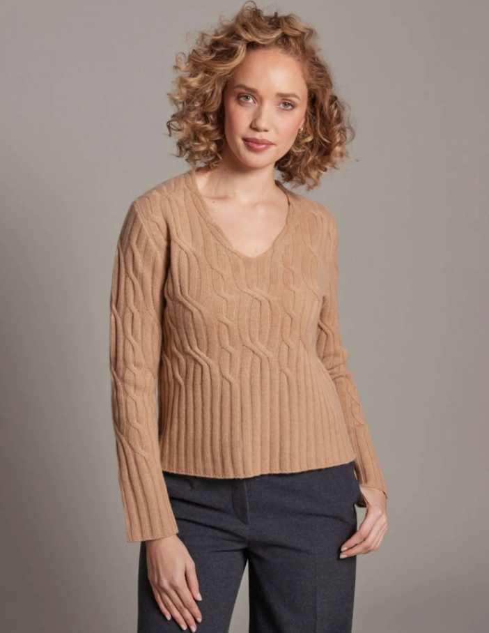 Alashan Cashmere 100% Cashmere Maxine Cable V Neck Sweater