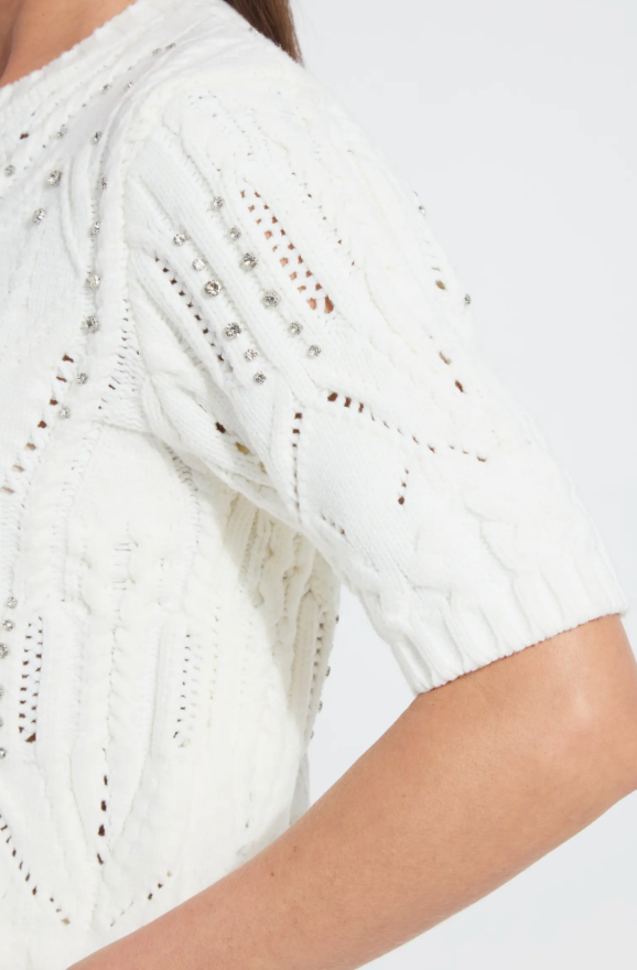LYSSE Hadley Cozy Short Sleeve Embellished Cable Sweater
