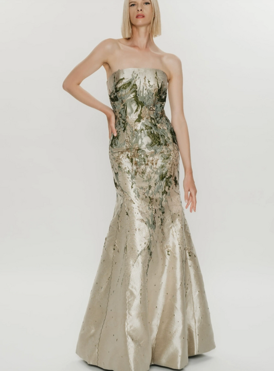HYNES PARK Brocade Straight Neckline Evening Gown