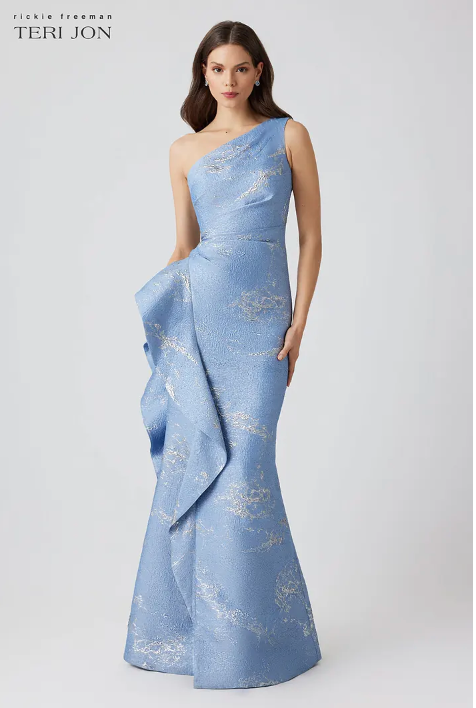 Teri Jon by Rickie Freeman Metallic Jacquard One Shoulder Gown
