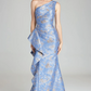 Teri Jon by Rickie Freeman Metallic Jacquard One Shoulder Gown