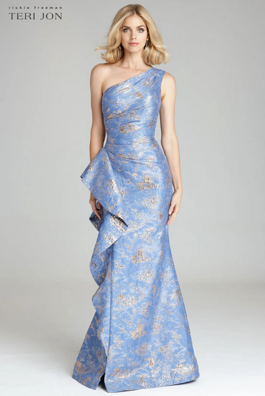 Teri Jon by Rickie Freeman Metallic Jacquard One Shoulder Gown