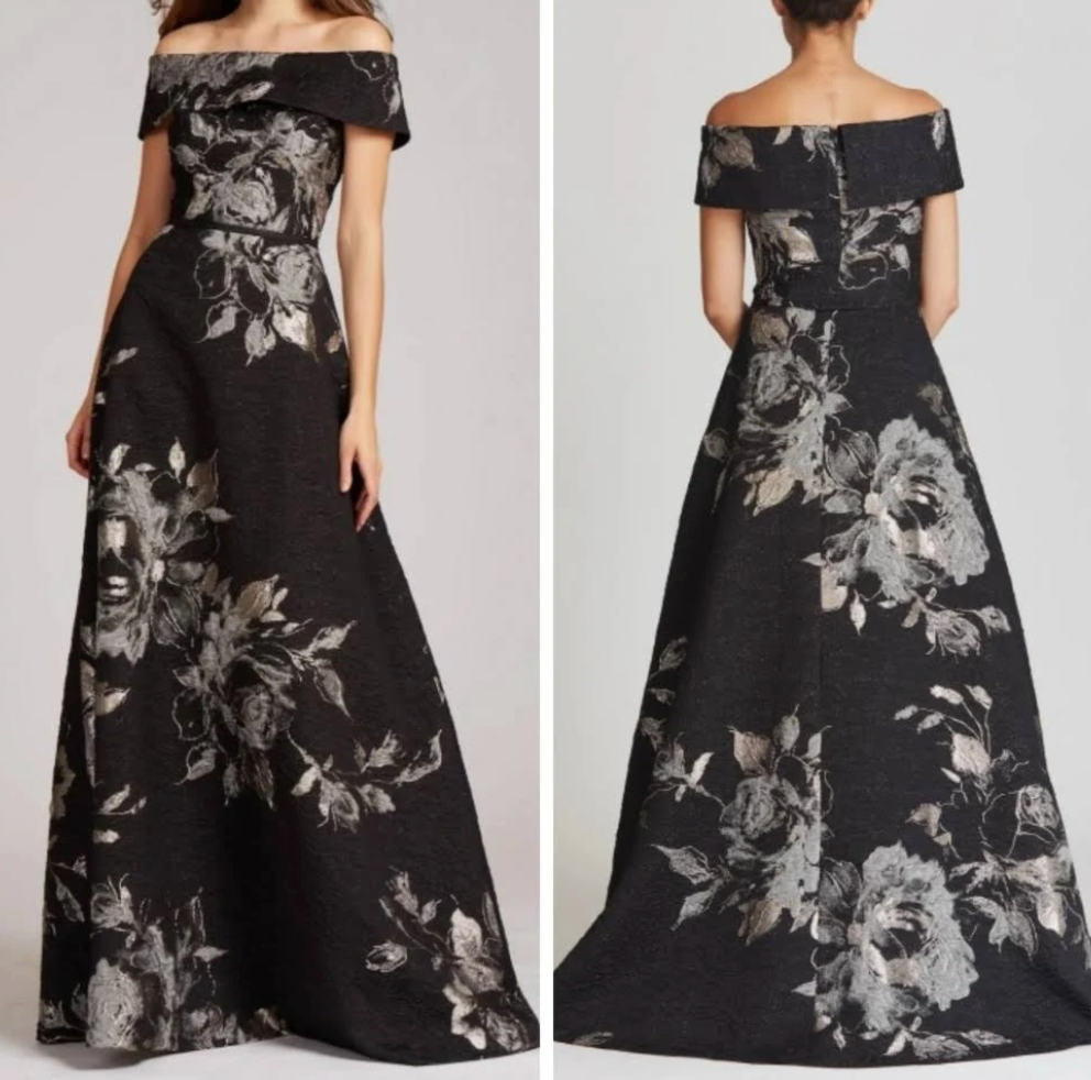 Teri Jon by Rickie Freeman Off-Shoulder Metallic Flower Jacquard Gown