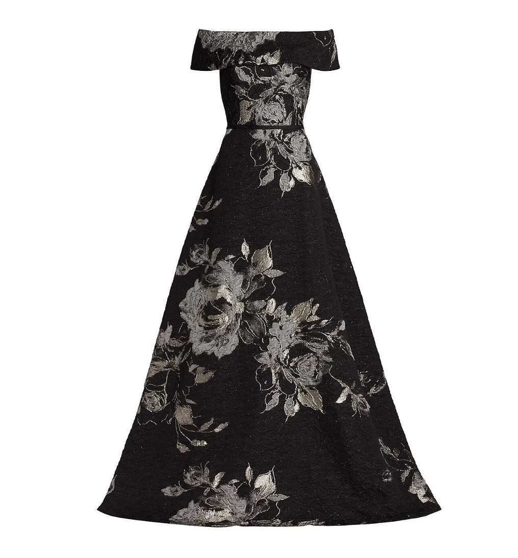 Teri Jon by Rickie Freeman Off-Shoulder Metallic Flower Jacquard Gown