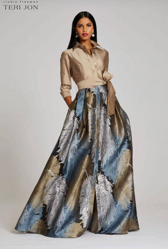 Teri Jon Taffeta Shirt Gown With Feather Pattern
