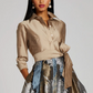 Teri Jon Taffeta Shirt Gown With Feather Pattern