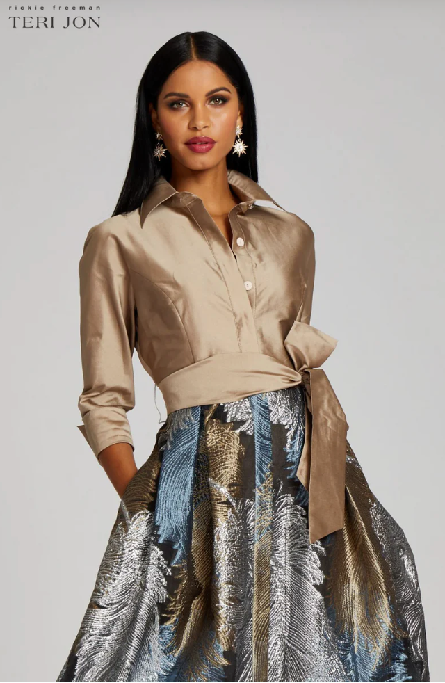 Teri Jon Taffeta Shirt Gown With Feather Pattern
