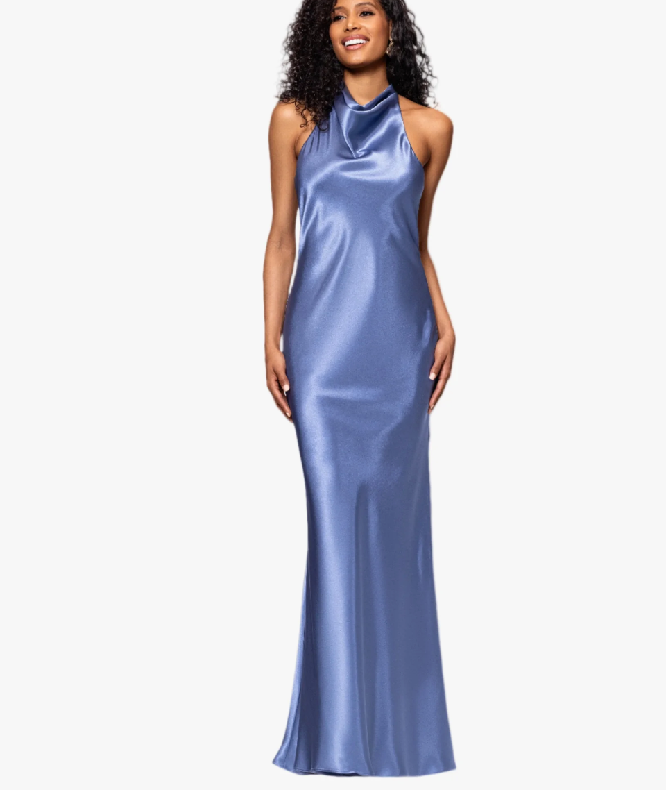 Betsty & Adam Shannon Halter Necktie Floor Length Dress
