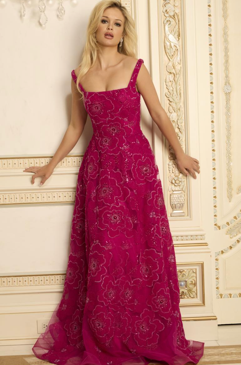 Jovani Floral Embellished Square Neck A‑Line Gown