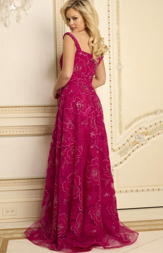 Jovani Floral Embellished Square Neck A‑Line Gown