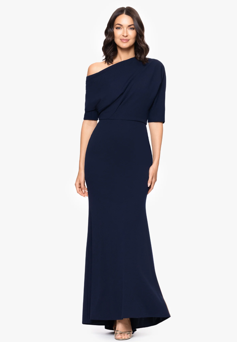 Betsy & Adam "Madeline" Long Scuba Crepe Off the Shoulder Drop Dress