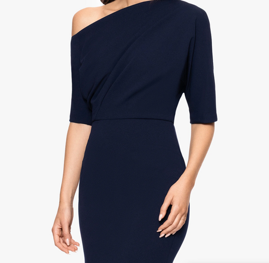Betsy & Adam "Madeline" Long Scuba Crepe Off the Shoulder Drop Dress