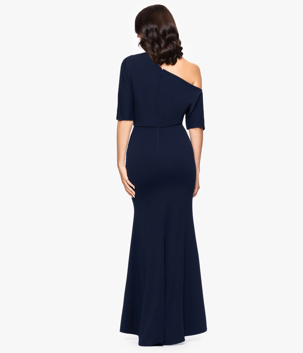 Betsy & Adam "Madeline" Long Scuba Crepe Off the Shoulder Drop Dress