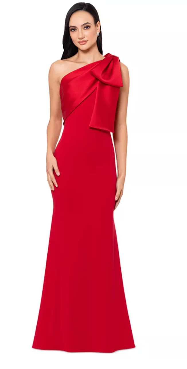 Betsy & Adam Women's Bow-Trimmed One-Shoulder Gown