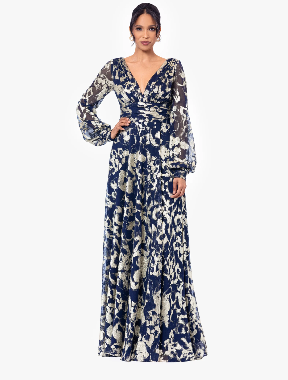 Betsy & Adam Annabelle" Metallic Foil and Long Mesh Sleeve Gown