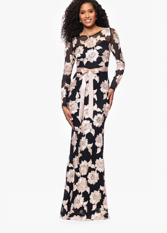 Betsy & Adam Juliana Soutache Mesh Long Sleeve Floor Length Dress