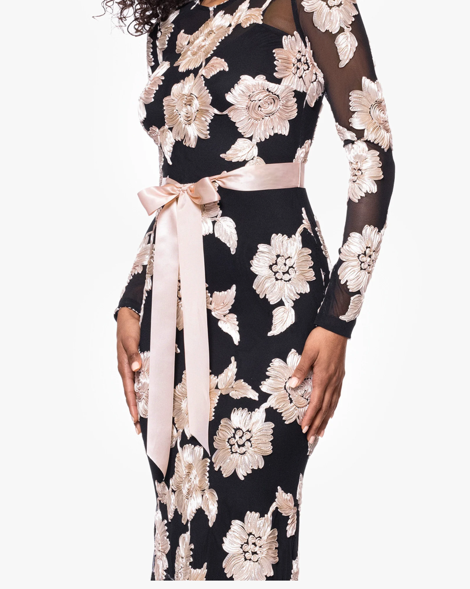 Betsy & Adam Juliana Soutache Mesh Long Sleeve Floor Length Dress