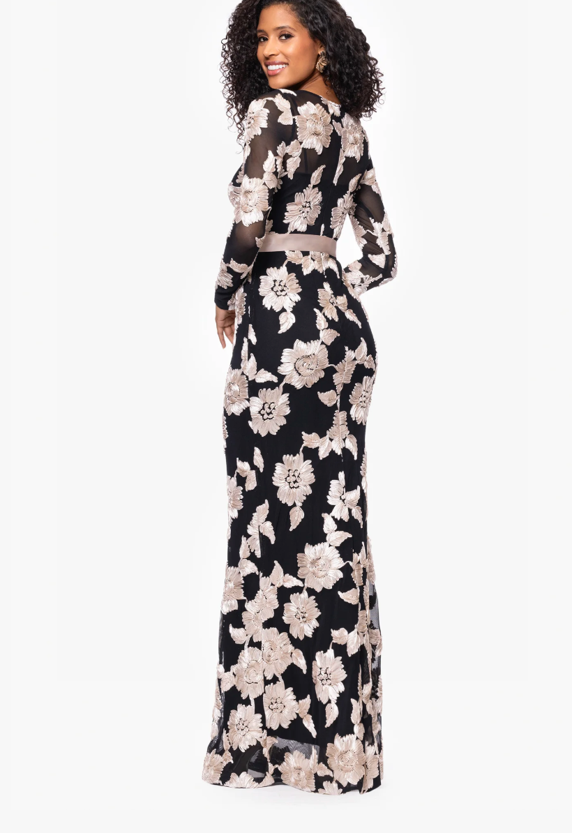 Betsy & Adam Juliana Soutache Mesh Long Sleeve Floor Length Dress