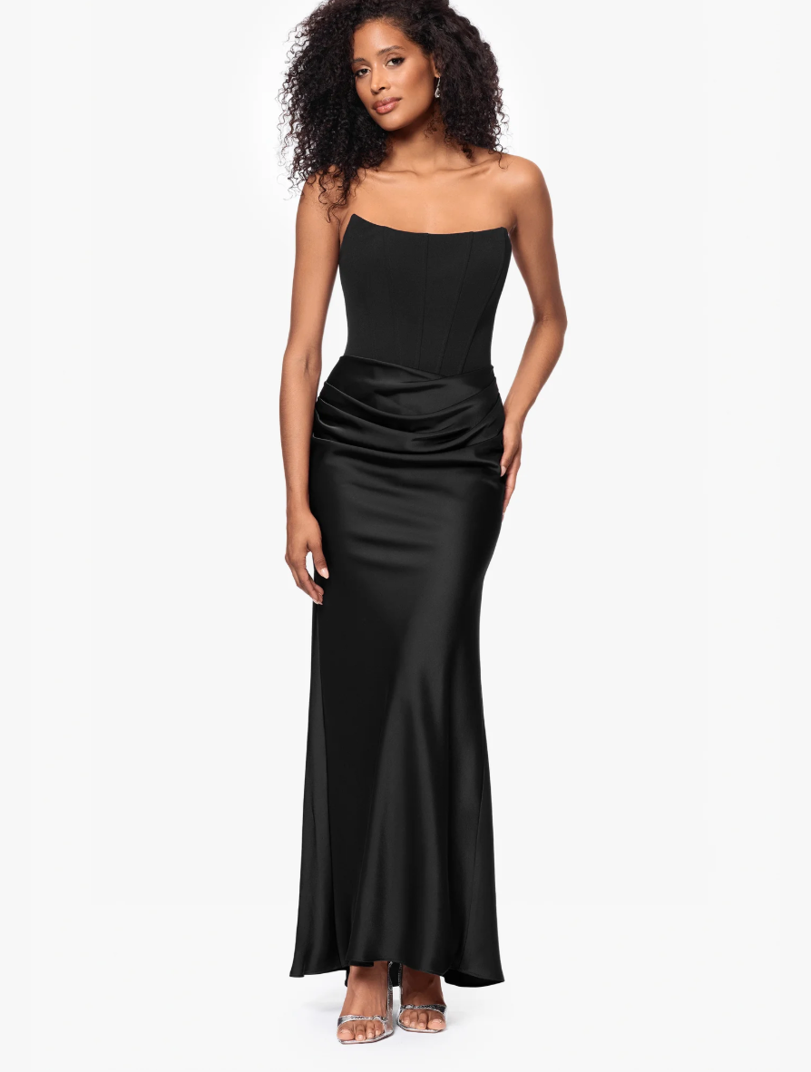 Betsy & Adam Debra Long Strapless Scuba Crepe and Satin Gown