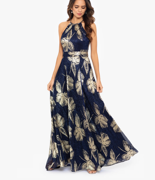 Betsy & Adam Ilaria Long Halter Foil Print Dress