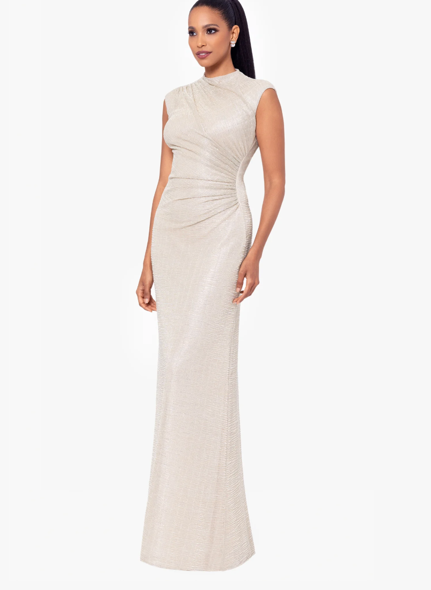 Betsy & Adam Bethany Crinkle Metallic Rouched Floor Length Dress