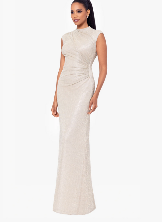 Betsy & Adam Bethany Crinkle Metallic Rouched Floor Length Dress