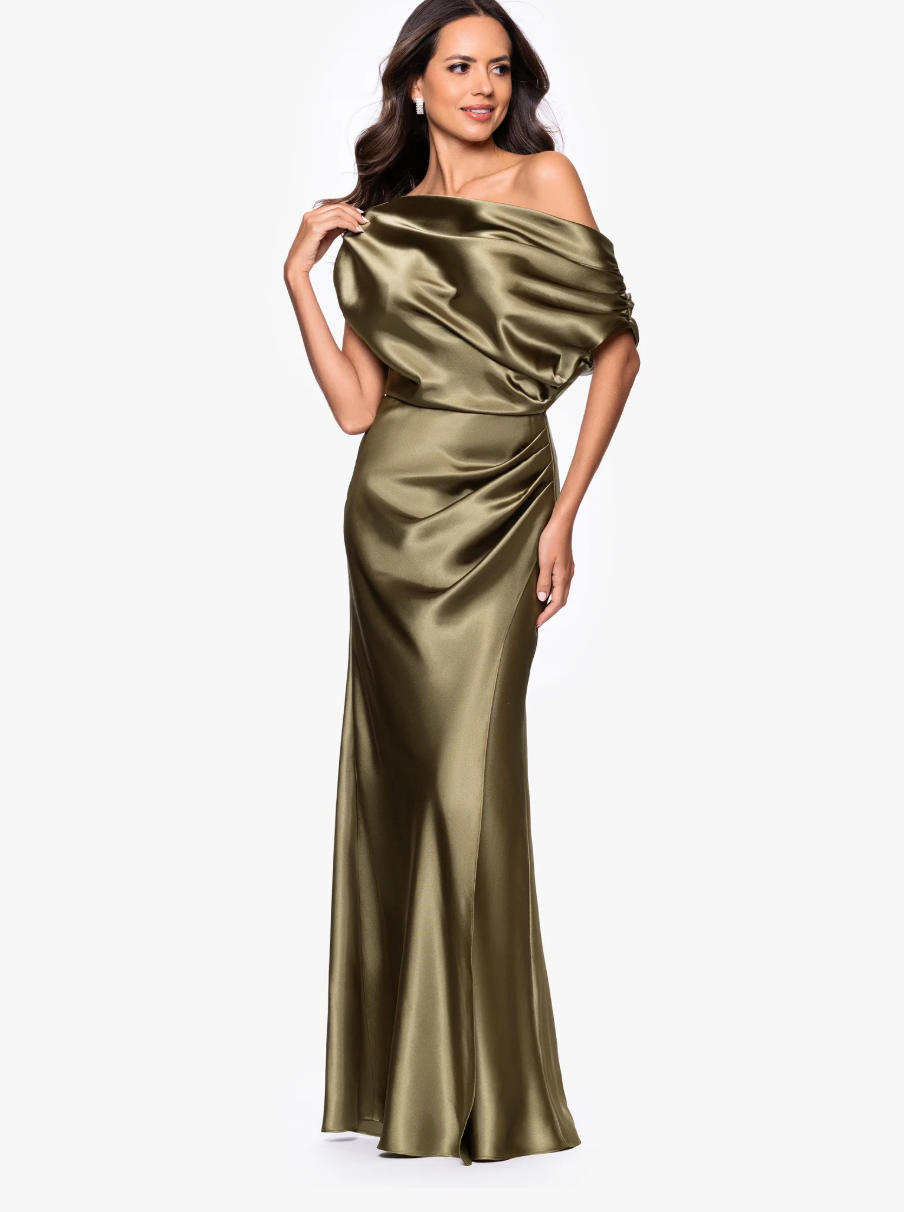 Betsy & Adam Sofia Satin Drop Shoulder Floor Length Dress