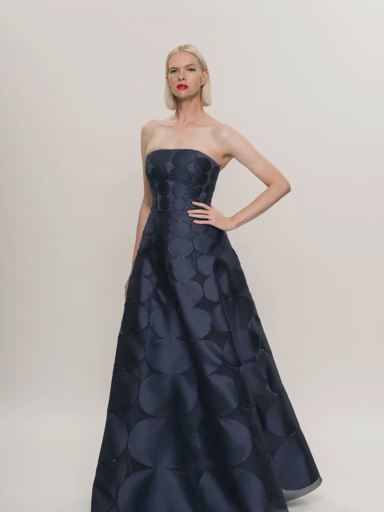 Hynes Park Strapless Textured Circular Mikado Dress