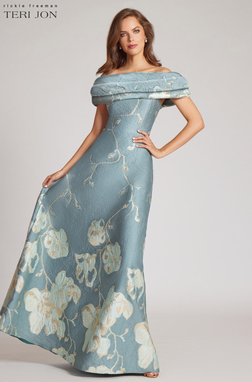 Teri Jon Off The Shoulder Floral Border Gown