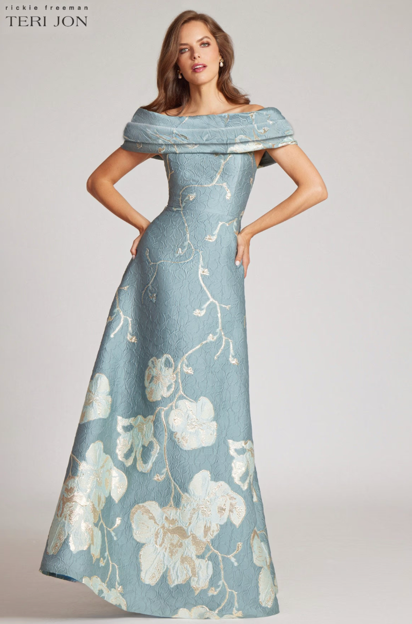 Teri Jon Off The Shoulder Floral Border Gown
