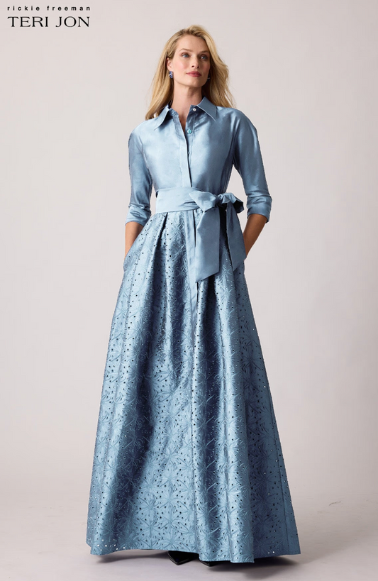 Teri Jon Taffeta Eyelet Shirt Waist Gown – Judees Teri Jon Taffeta Eyelet Shirt Waist Gown – Judees