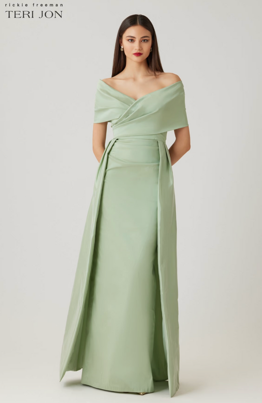 Teri Jon Taffeta Off The Shoulder Overlay Skirt Gown
