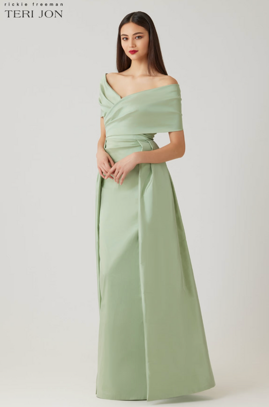 Teri Jon Taffeta Off The Shoulder Overlay Skirt Gown