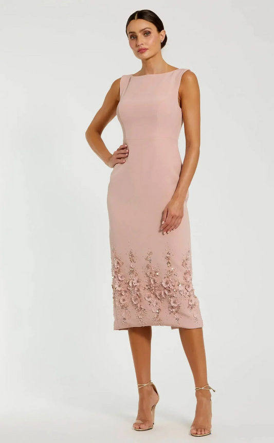 Mac Duggal Crepe Sleeveless Midi Dress With Flower Beading