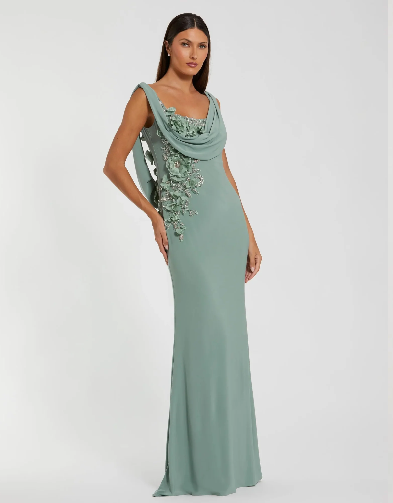 Mac Duggal Green Sleeveless Jersey Cowl Neck Gown With Beading