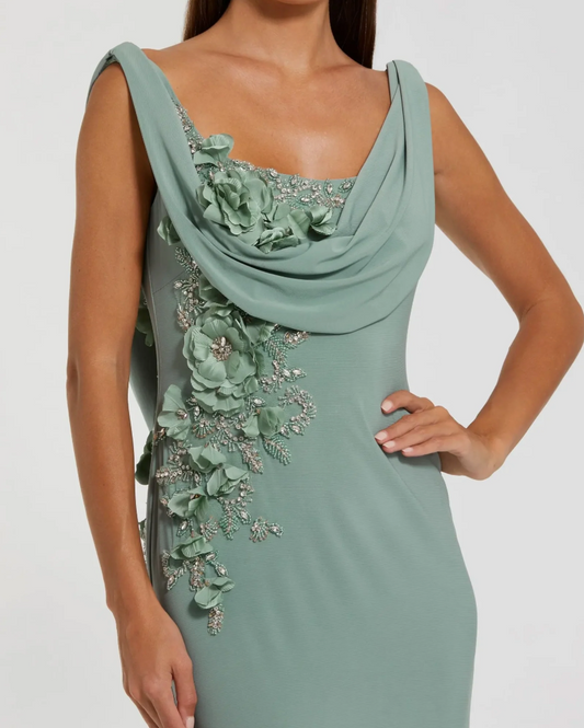 Mac Duggal Green Sleeveless Jersey Cowl Neck Gown With Beading