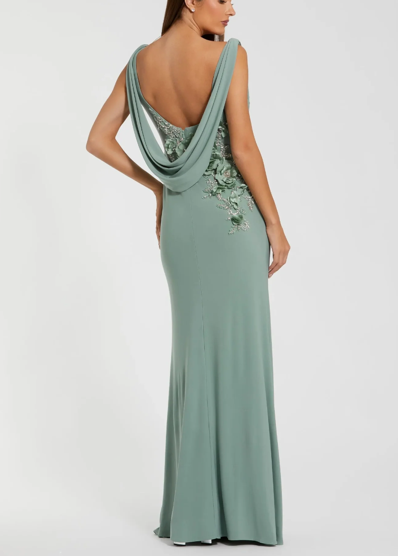 Mac Duggal Green Sleeveless Jersey Cowl Neck Gown With Beading