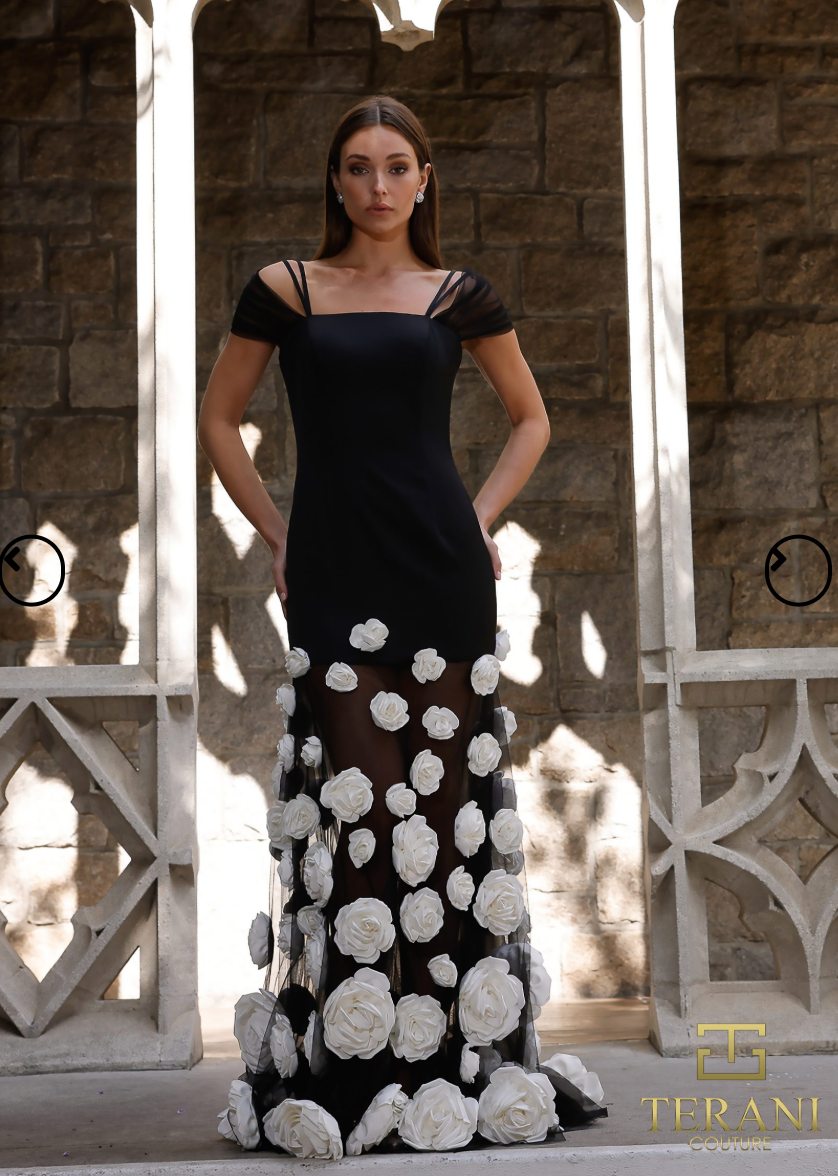 Terani Couture Square Neck Matte Satin Sheath Gown with Cap Sleeves