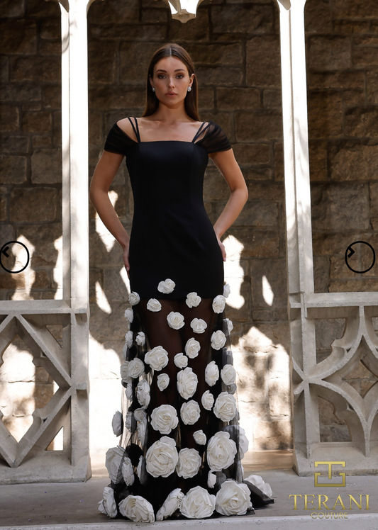 Terani Couture Square Neck Matte Satin Sheath Gown with Cap Sleeves